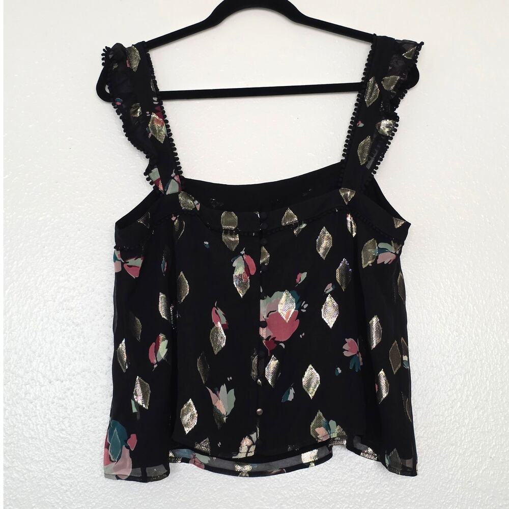 Sezane Abby Blouse Black Metallic Floral Diamond Silk Tank Top Button Down - Picture 5 of 10